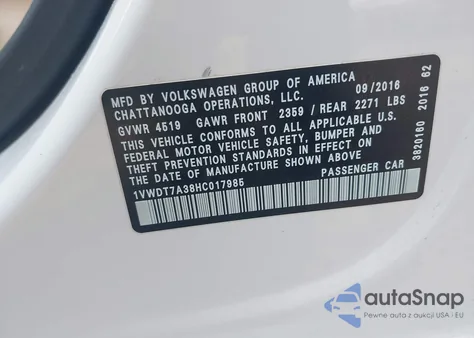 2017 Volkswagen Passat 1.8T R-Line from USA, damaged, VIN 1VWDT7A38HC017985